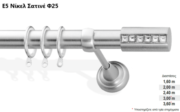 Frans Interior Design Μεταλλικό Κουρτινόξυλο E5 Μονό Φ25mm Σταθερό Νίκελ Σατινέ